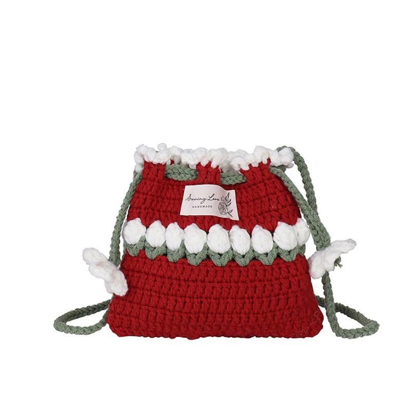 Handgefertigte Wollstrickblume Kordelzugtasche Mini Umhängetasche für den täglichen Gebrauch