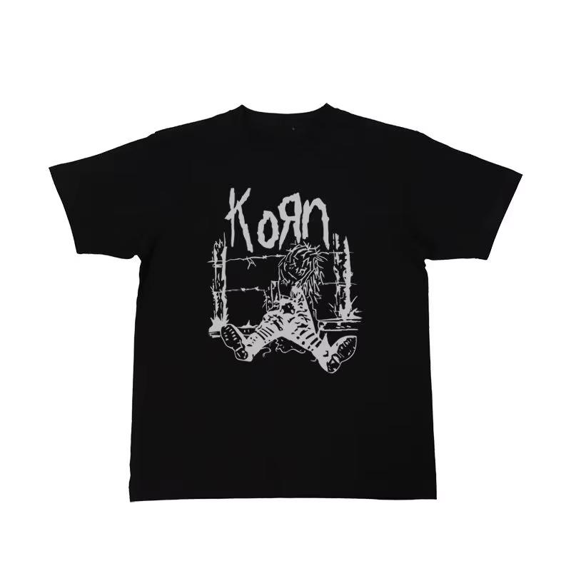 Summer Cotton Men's and Women's T-shirts Short-sleeved KORN Rock Band Peripheral Pattern Printing Black and White Versatile
