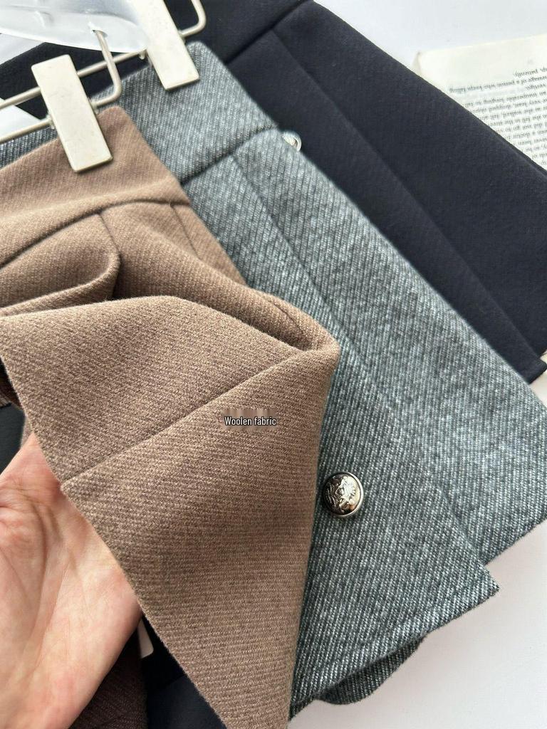Petite High-Waisted Woolen A-Line Skort - Autumn & Winter Double-Breasted Style