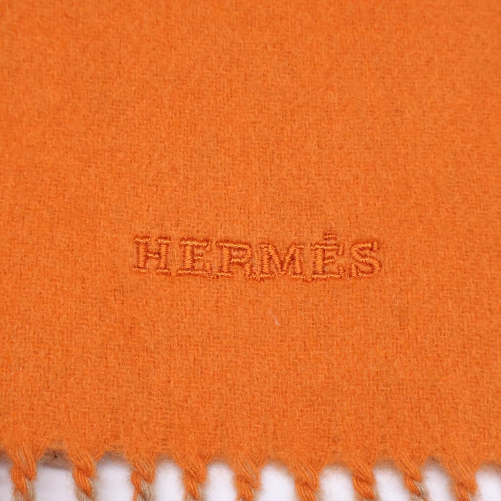 Hermes Embroidered Logo, Cashmere, Fringe Scarf Orange / beigeUsed
