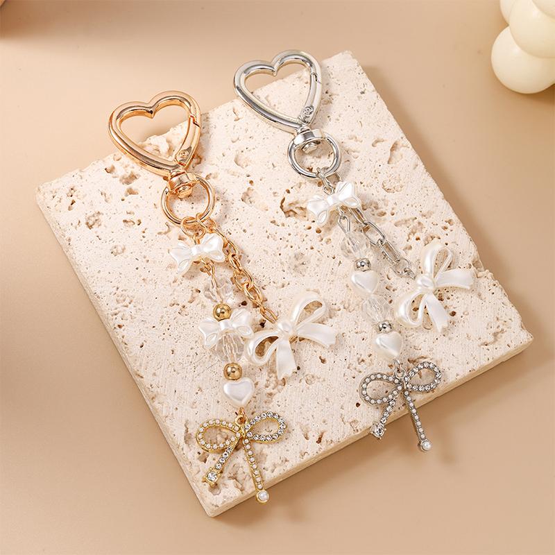 Cute Bowknot Love Heart Keychain Crystal Pearl Key Ring Pendants For Women Girls Handbag Decor Diy Handmade Key Chain Gifts