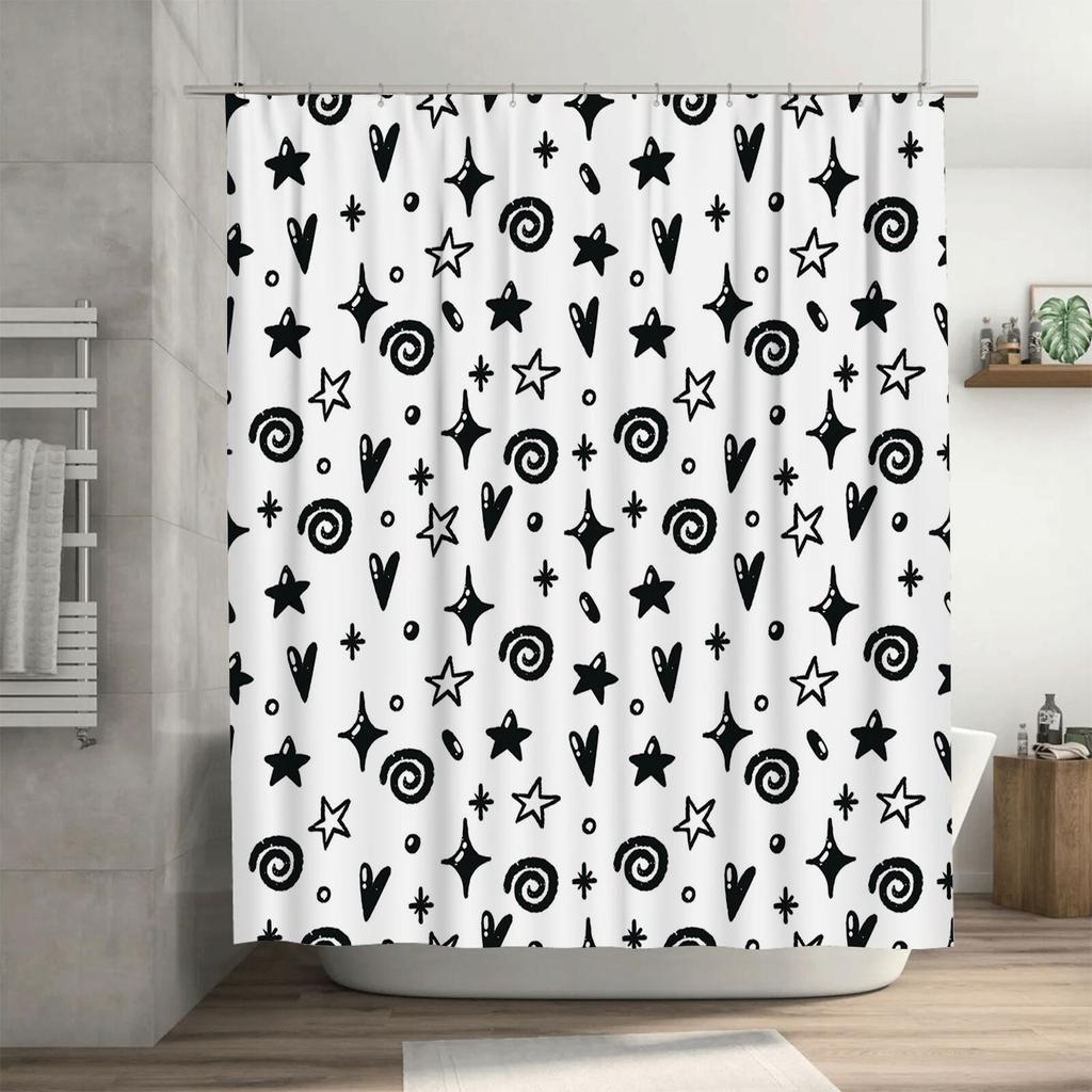 Modern Black White Shower Curtain with Swirls StarsAdd a Touch of Magic to Your Bathroom Decor
