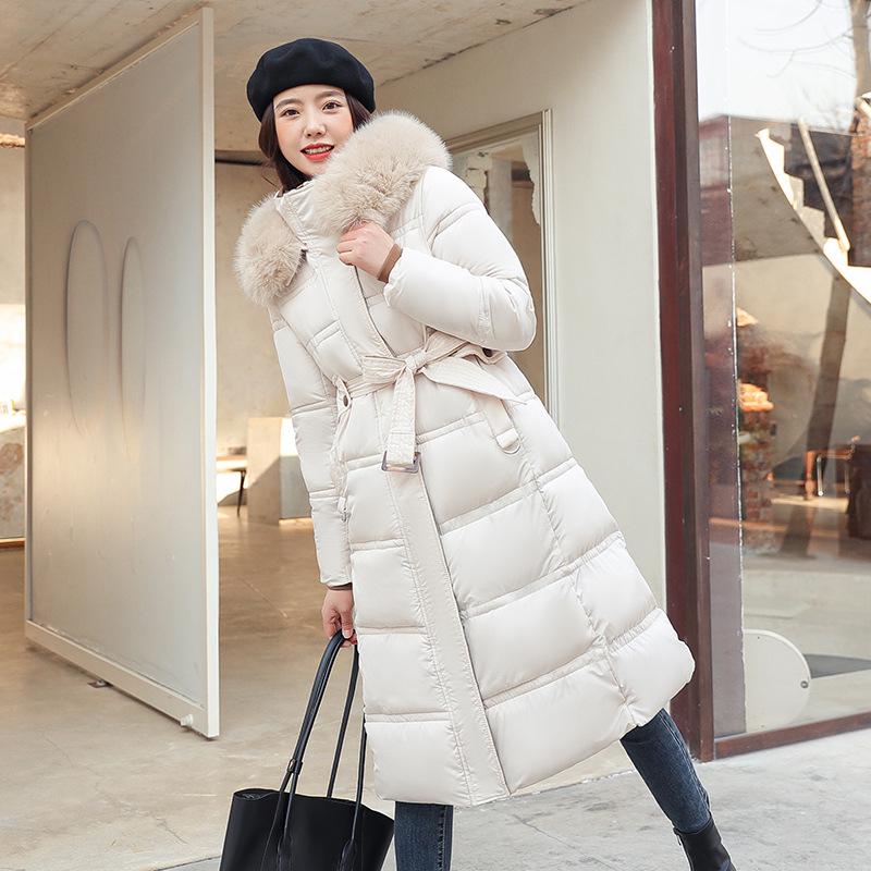 Winter Women's Long Cotton Jacket with Fur Collar and Belted Waist