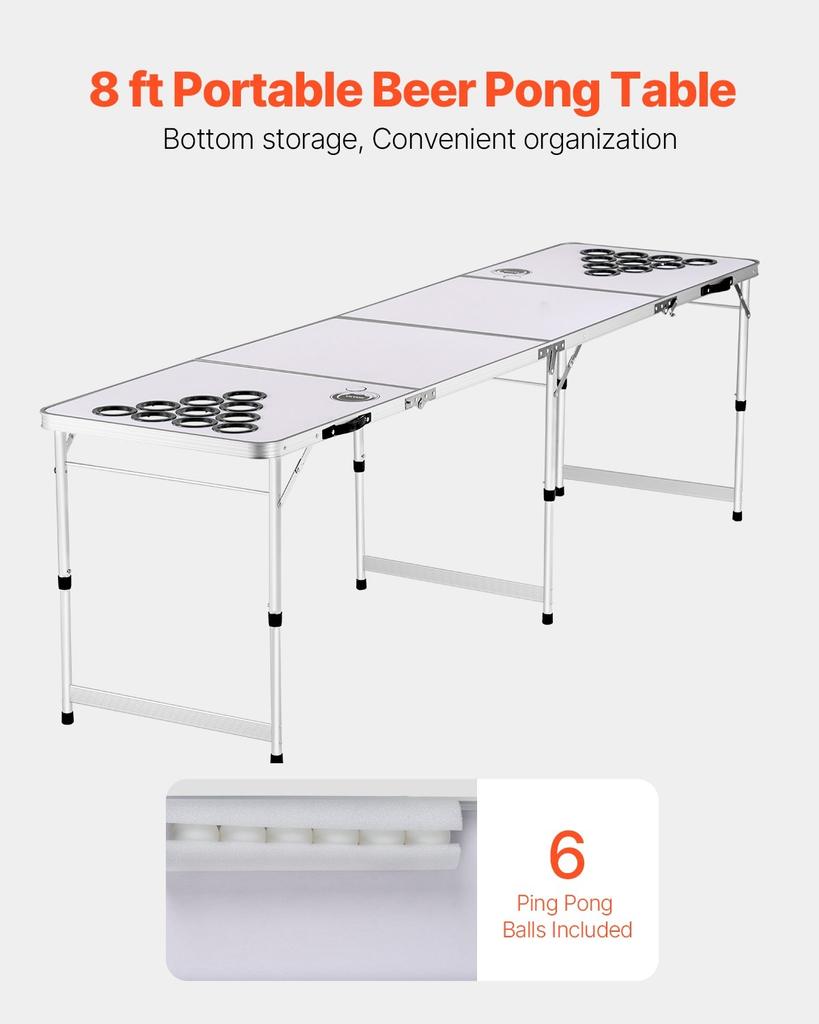 2.4 m Portable Beer Pong Table, Folding Tailgate Table, Cup Holes, Dry Erase Markers and Carrying Handles, Adjustable Height, Lightweight Table for