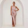 Vestido de Alça Liso Sem Mangas Plissado com Fenda Alta 2026 Verão Elegante Bodycon Vestidos de Festa Costas Abertas Feminino Baile de Formatura Noite Cor Sólida Roupa