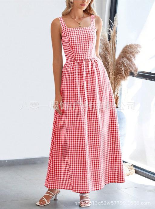 Women Square Neck Gingham Maxi Dress Sleeveless Spaghetti Strap Elastic Waist Flowy Long Summer Casual Dress