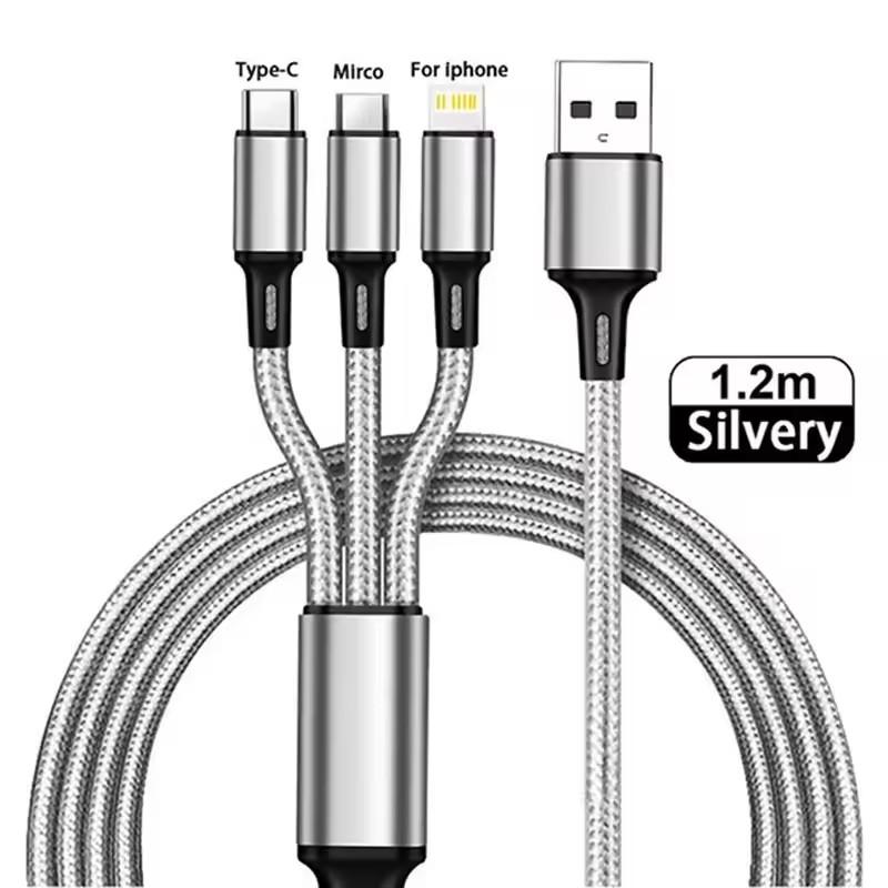 3 In 1 USB Fast Charging Cable 1.2M Type C Micro IOS Multi Charger Cable for iPhone Huawei Samsung Nylon Braided Cord Cable