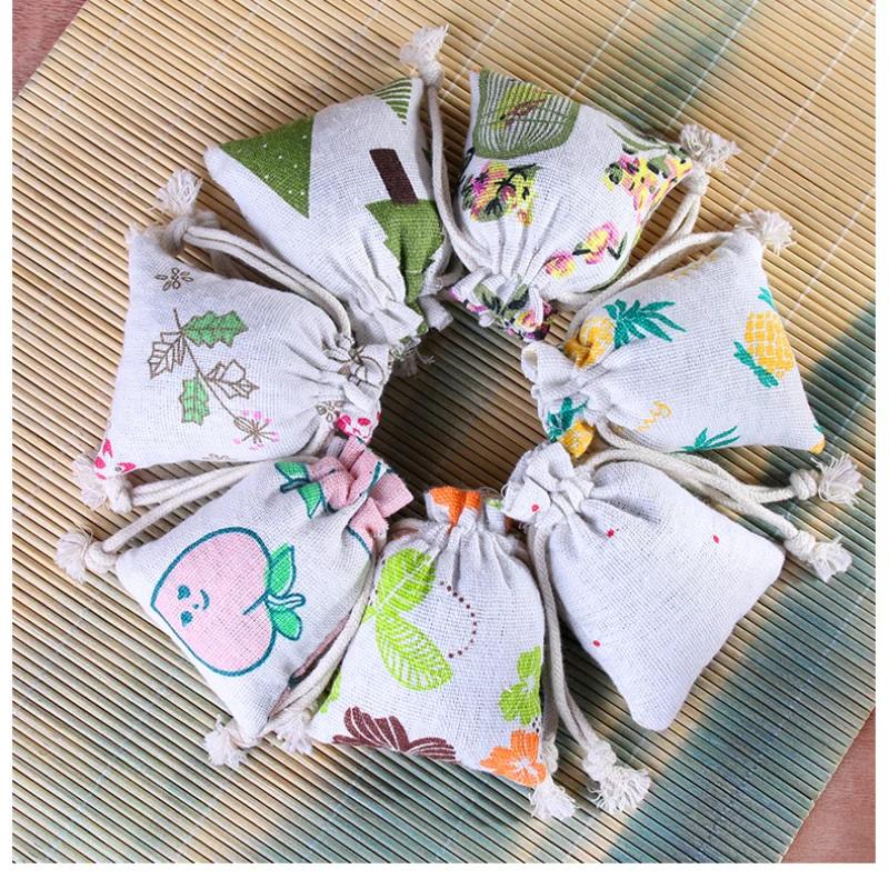 10pcs/lot Linen Drawstring pocket Cute Pattern Printed DIY wedding Candy Storage Bag Travel Makeup Cloth Shoes Sundries Storage
