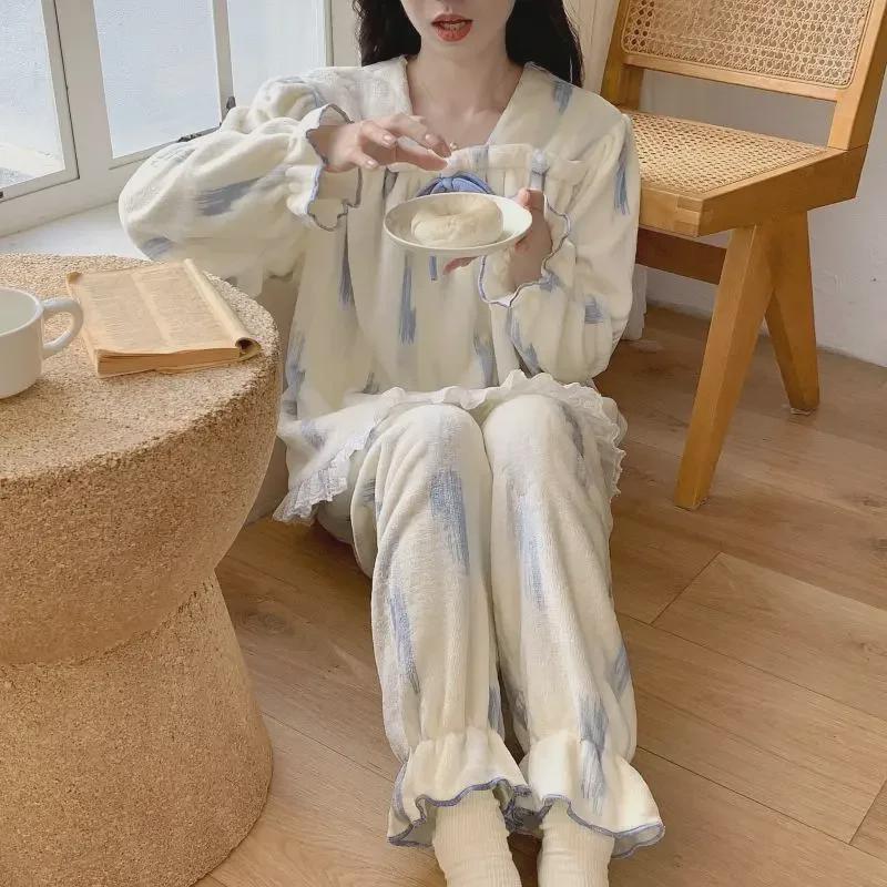 Dámské zimní flanelové pyžamo: Dlouhý rukáv, Teplý, S plusovým sametem, Ležérní domácí oblek