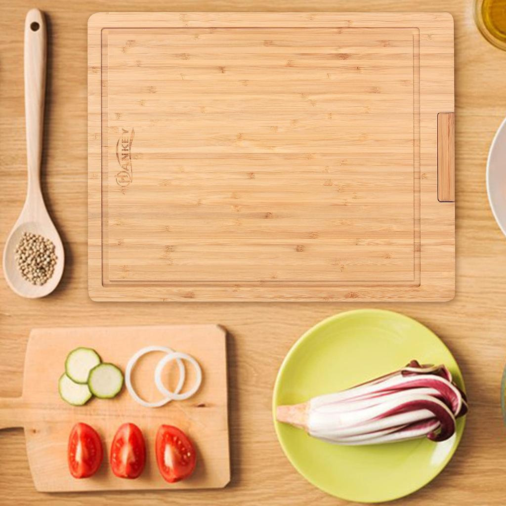 HANKEY Cutting Board, Natural Bamboo with Stand, Grooved, Pizza, Kitchen Board, Antibacterial, Recommended, 42*32*2cm