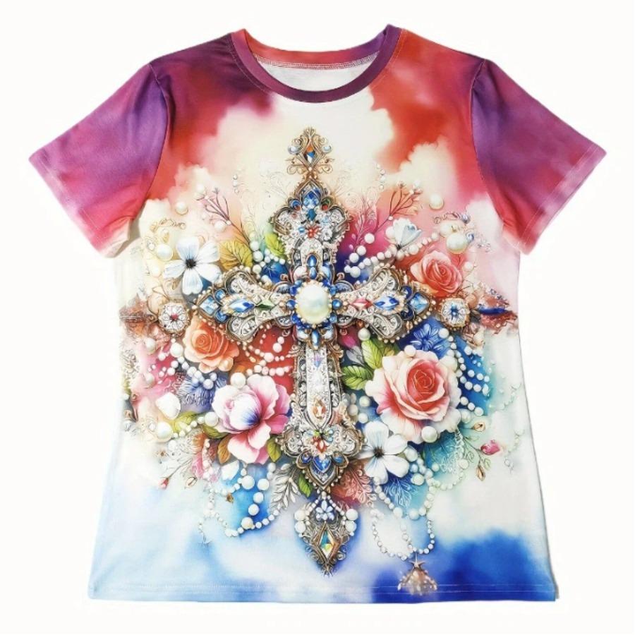 Pastel Tie-Dye 3D Print Women s Tee - Ornate Jeweled Cross & Floral Graphic Tee S