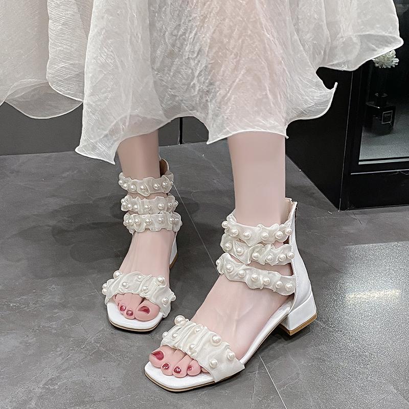 Mote Sandaler med middels hæl Sommer Ny Firkantet tå Snøring Perlebesatt Veske med Glidelås bak Sklisikre Slitesterke Firkantede hæler