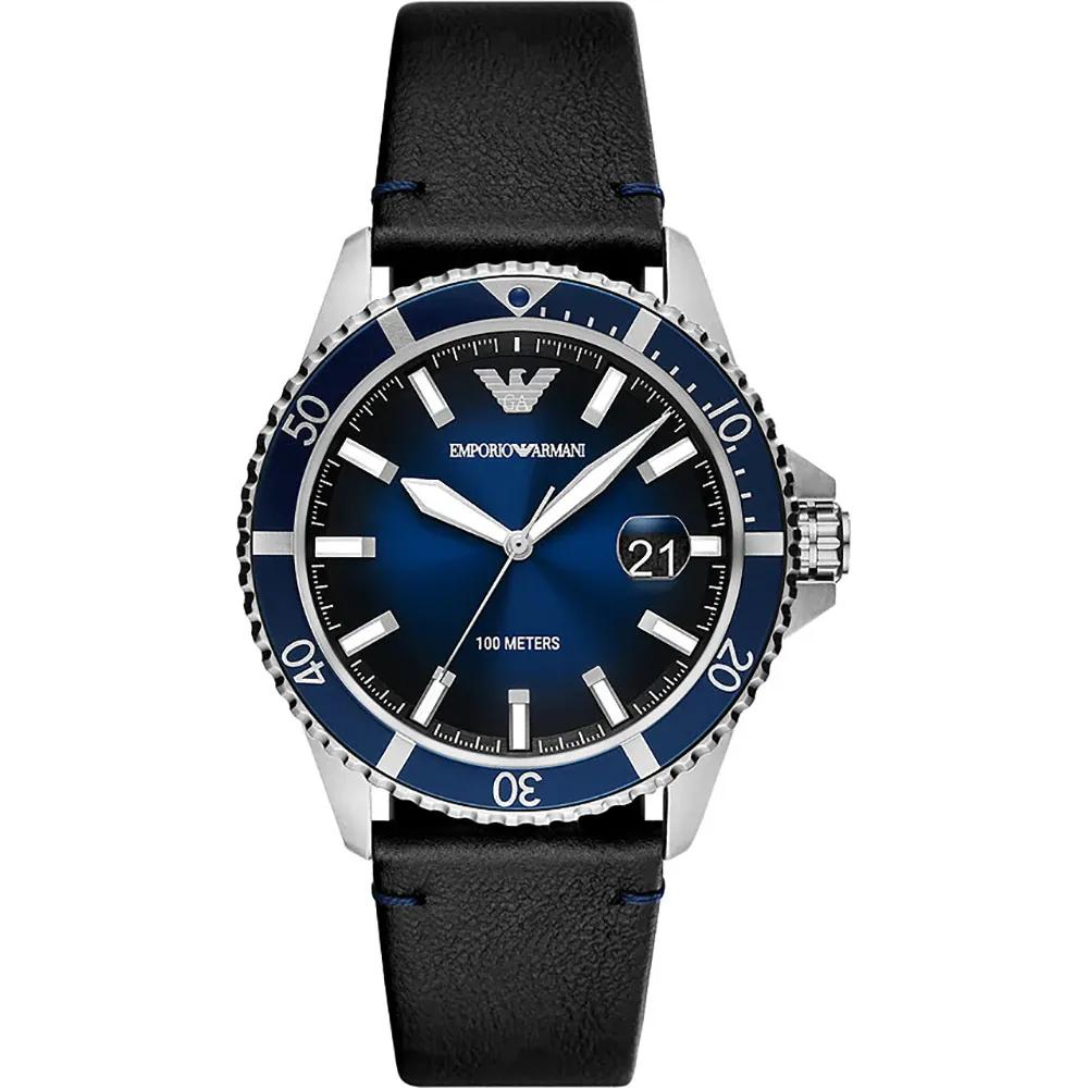 Emporio Armani Diver Blue Black Leather Gents Quartz Date AR11516 Watch синий
