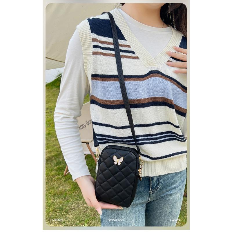 Quilted Mini Crossbody Bag Korean Style Floral Embroidered Phone Purse with Butterfly Detail