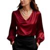 Nuova Elegante Camicia da Donna in Raso con Maniche a Bolle e Scollo a V Stile Francese