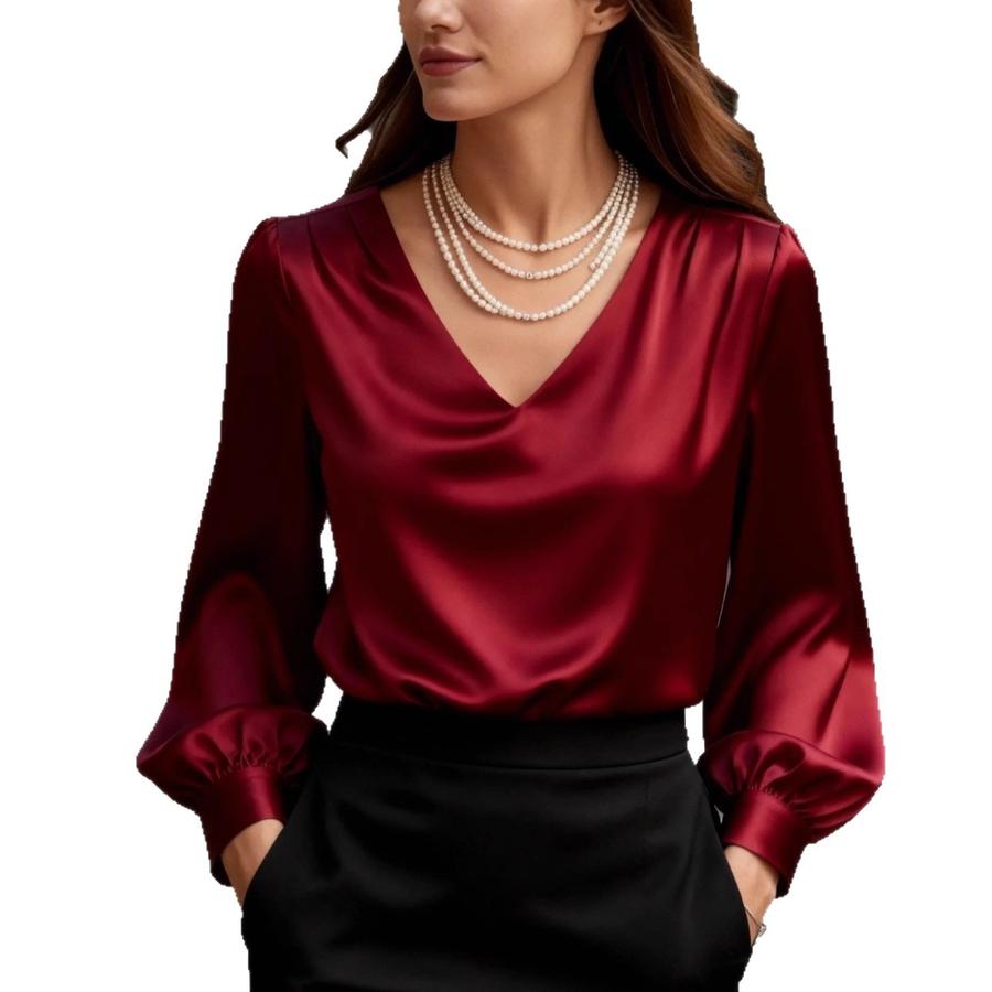 Nuova Elegante Camicia da Donna in Raso con Maniche a Bolle e Scollo a V Stile Francese