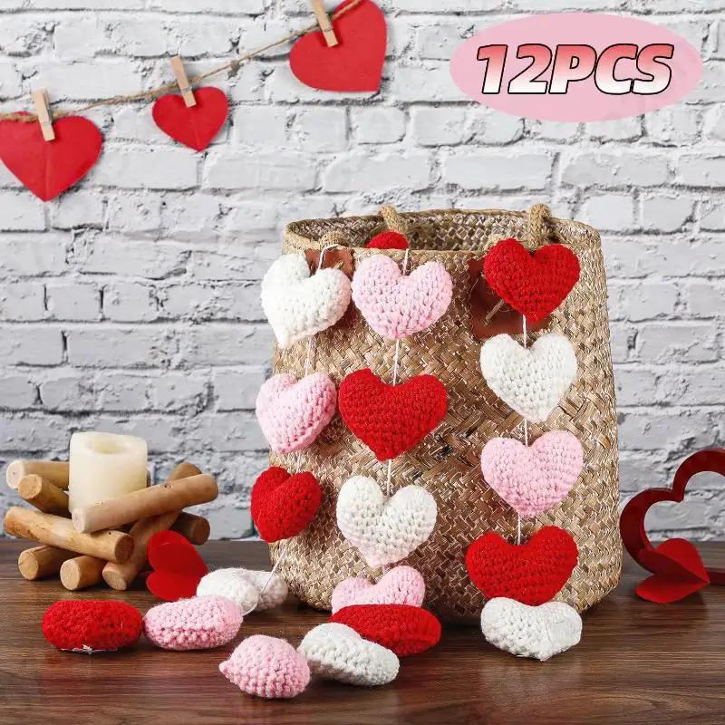 12Pcs Knitted Heart Hanging Pendant DIY Crochet Handmade Heart Tree Ornament Home Christmas Valentine's Day Wedding Party Decor