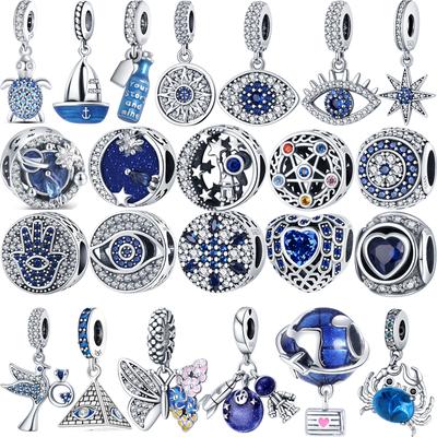 925 Silver Blue Space Earth Airplane Demon Eyes Pavé Clear Zircon Shiny Beads Fit Original  Charms Bracelet Women Jewelry