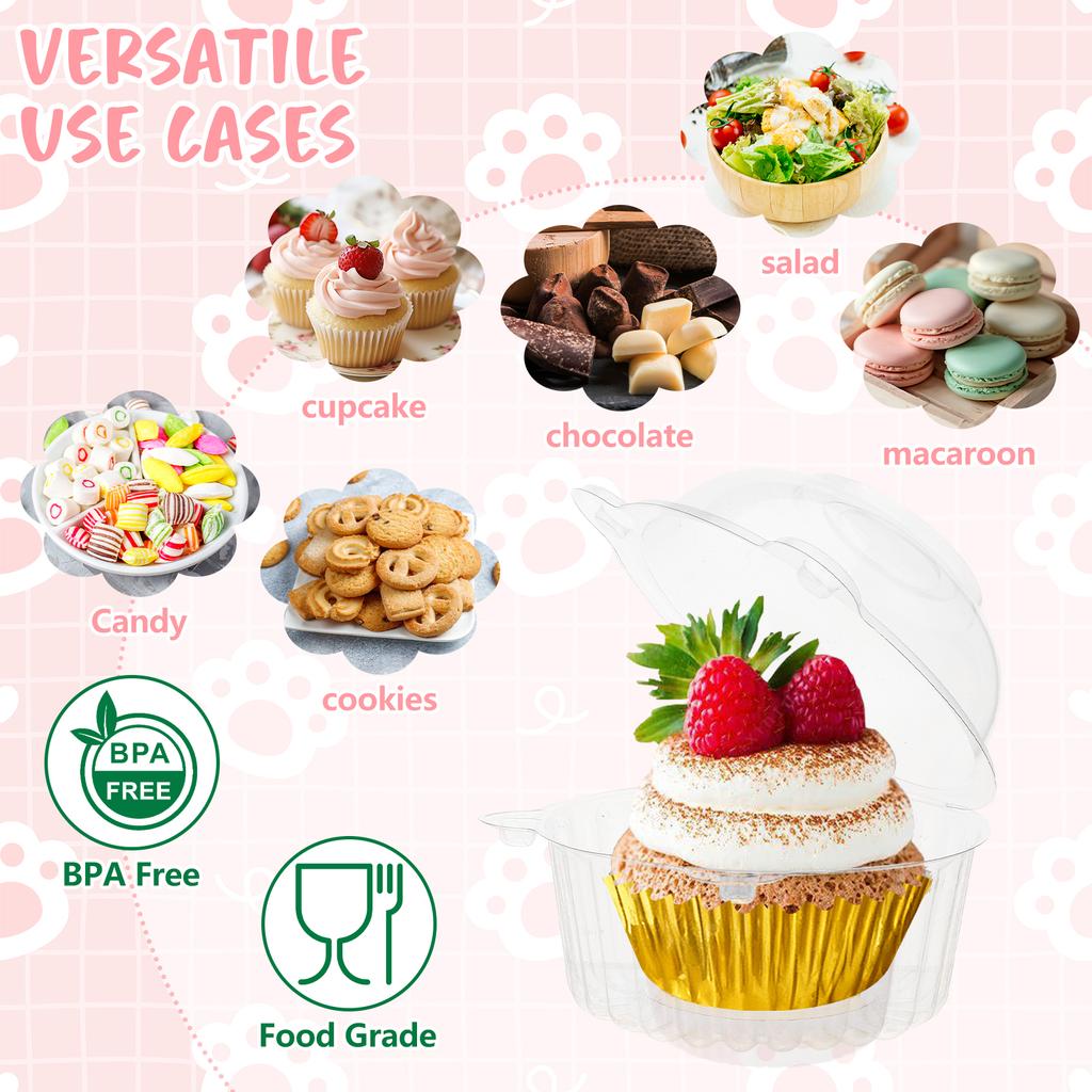 100Pcs Cupcake Containers With Gold Cupcake Liners Individual Cupcake Holder Plastic Single Cupcake Carrier With Lid For Dessert Cheesecake Muffin