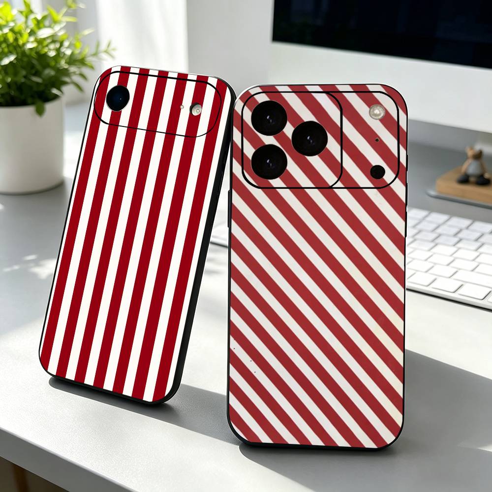 Burgund-Weiß-Streifenmuster Handyhülle Für iPhone 17,16,15,14,13,12,11 Plus,Pro Max,XS,Weiche Silikon-Schwarze Hülle