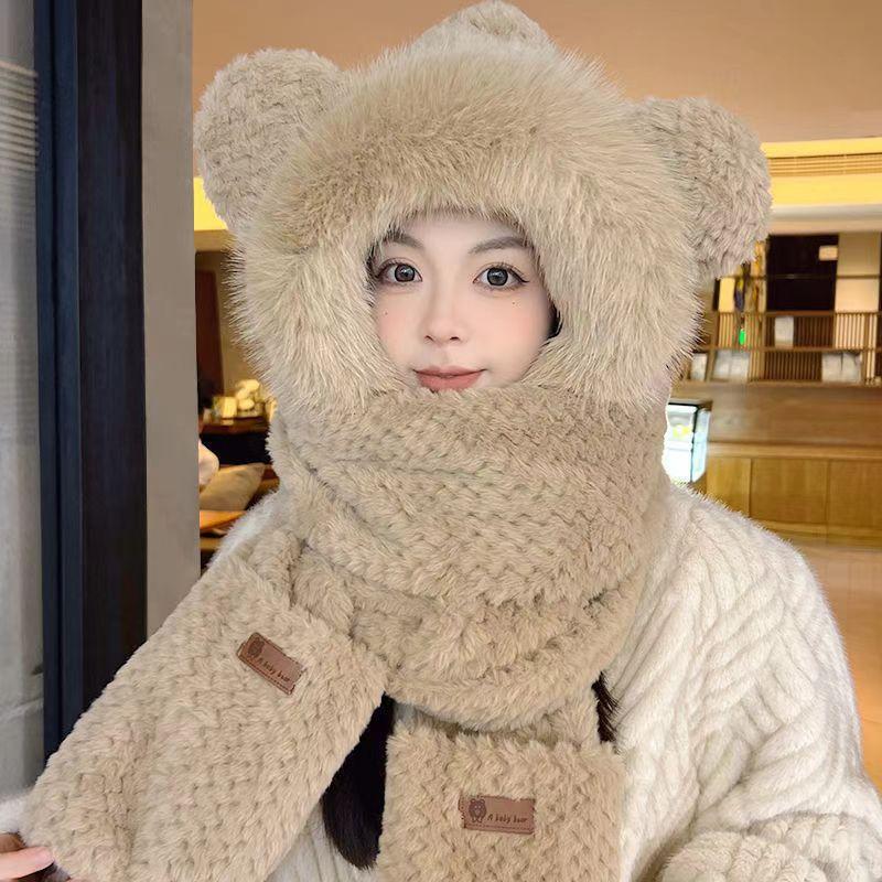 Winter Cute Velvet Warm Protective Hat Cute Bear Hat Women's Warm Hat Scarf Gloves Integrated Hat