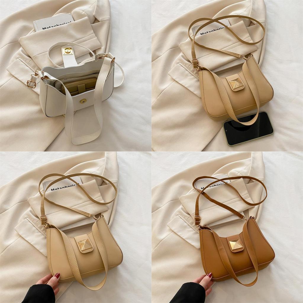 Simple Solid Color Gold Buckle Decoration Women Casual Shoulder Bag For Casual Outings