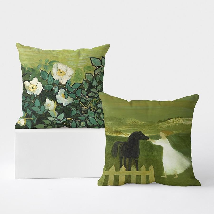 Art Oil Painting Pillow Cover Pastoral Forest Green Flower Home Light Luxury Pillow Sofa Car Bedside Cushion Cover