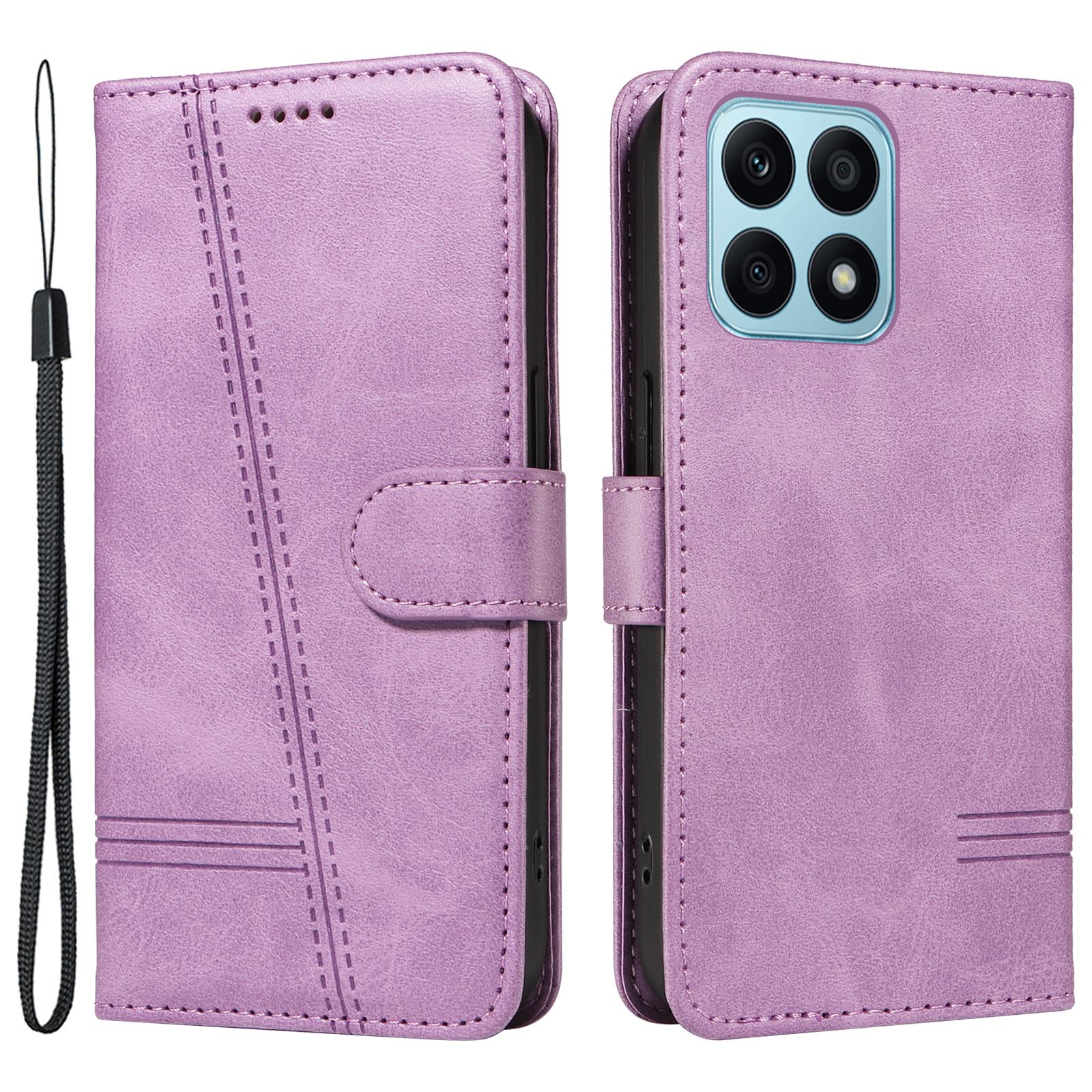 

For Honor X8b 4G Case Wallet Imprinted Line PU Leather Flip Phone Cover with Wrist Strap Light Purple