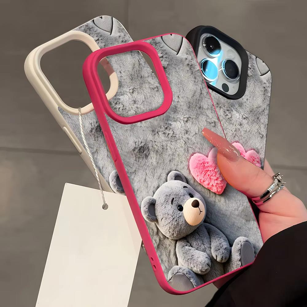 Cute Teddy Bear Heart Pattern Lychee Soft Phone Case For iPhone 17 16 15 14 13 12 11 Pro Max 15 14 Plus X Xs XR 17 Air Cover