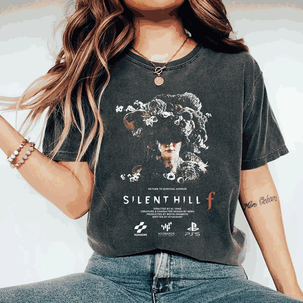Classic Game Tees Vintage Washed Silent Hill F Horror GameGraphic Print Enthusiast Psychological Fans Tee Men Women Cotton Top