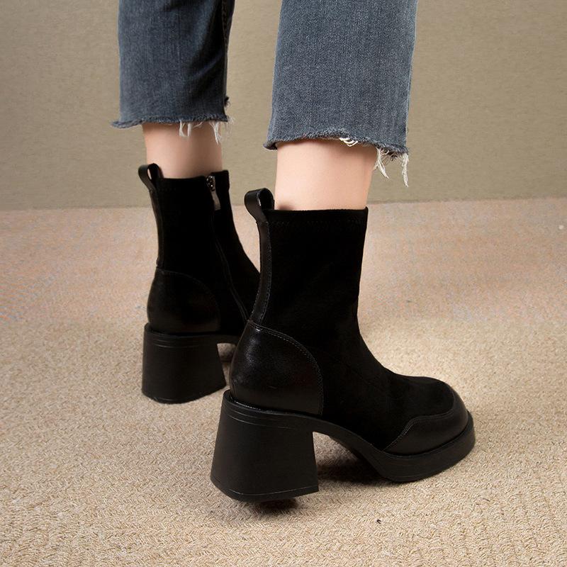 Short Shoes for Woman Black Women's Ankle Boots Sock Footwear Combat Booties Very High Heels Suede Punk Style Heeled Autumn Boot