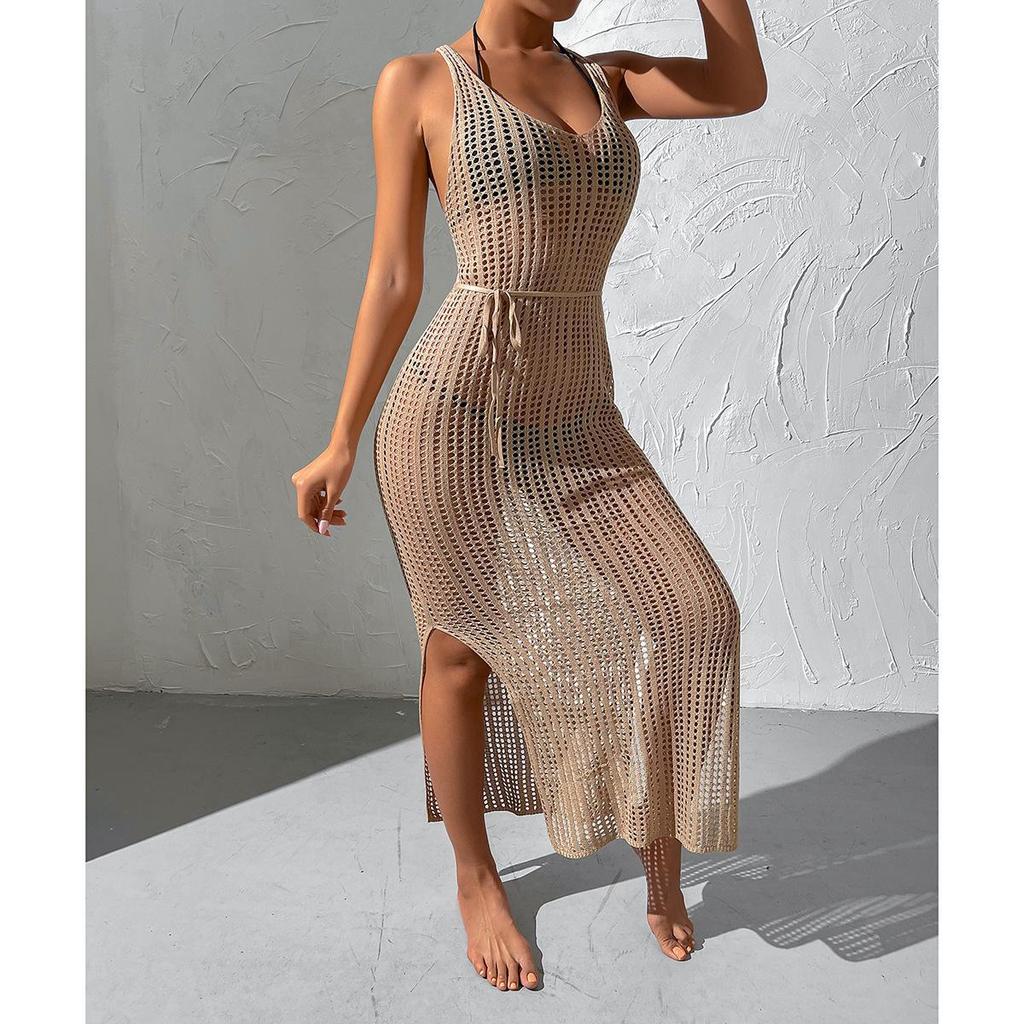 European Style Holiday Beach Knit Cover-up Dress - Backless and Hollow Out Design for Women, 2026
