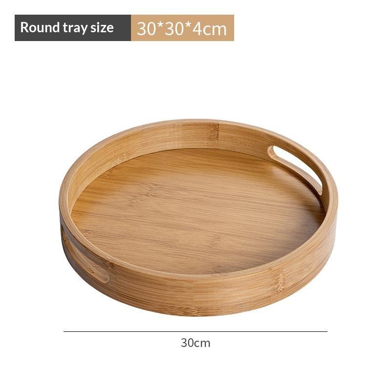Round Bamboo Serving Tray With Handle Smooth Edge Wooden Platter 25-40CM for Bed Breakfast Snack Tea Serving Use