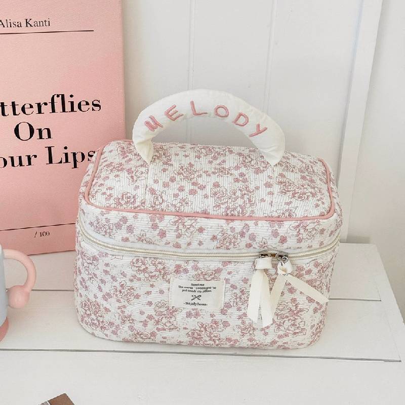 Cotton Corduroy Makeup Bag With Floral Pattern And Breathable Design For Daily Use