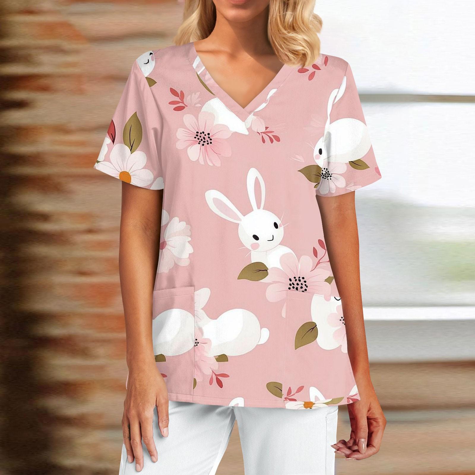 

Женская мода Пасхальный принт короткий рукав V-образный вырез карман топ M