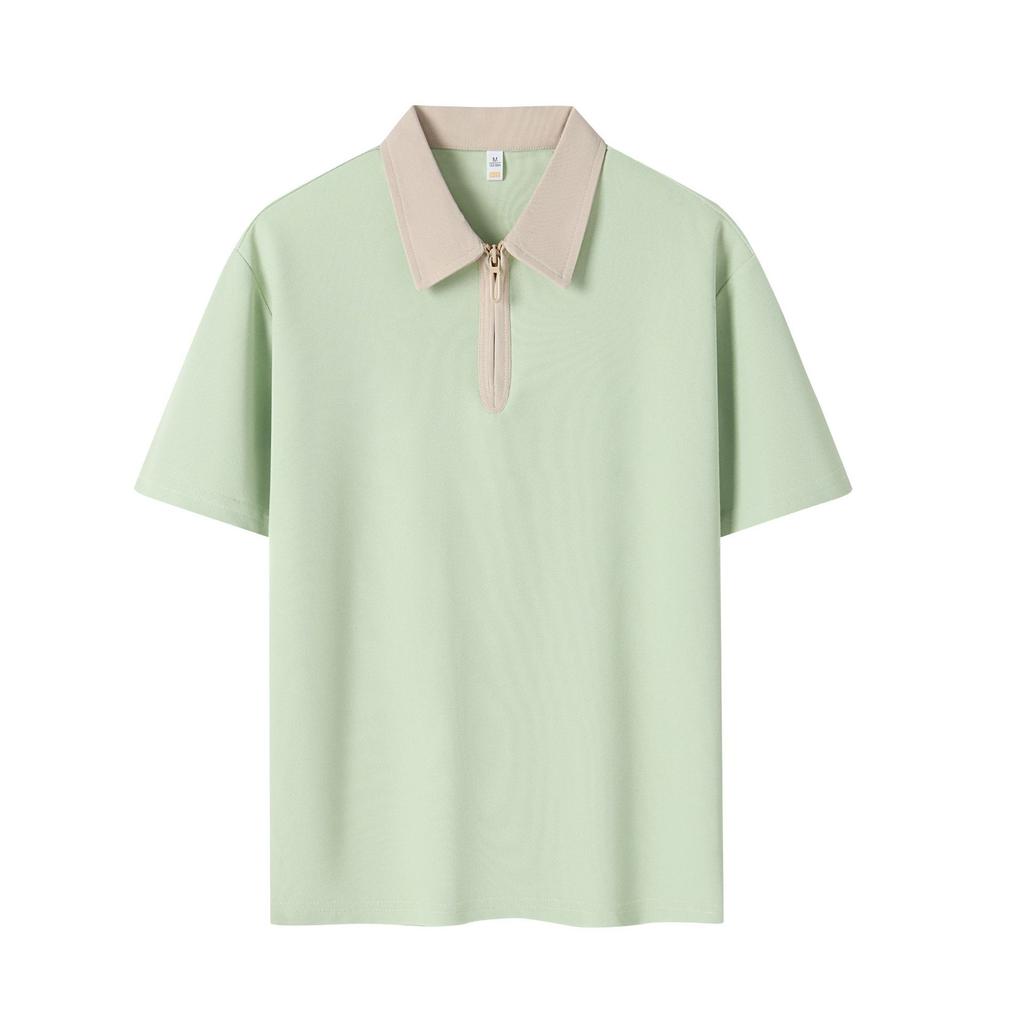Summer Half Zipper Color Blocked Collar Top Simple Couple Polo Shirt