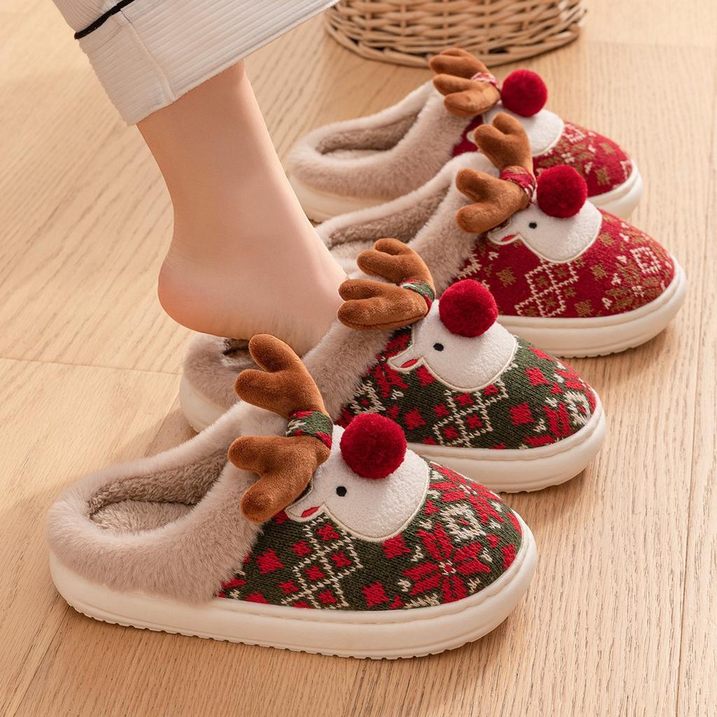 Christmas Cotton Slippers for Ladies In Winter, Cute Indoor Home, Deer Anti Slip Plush, Wearing Cotton Slippers Outside