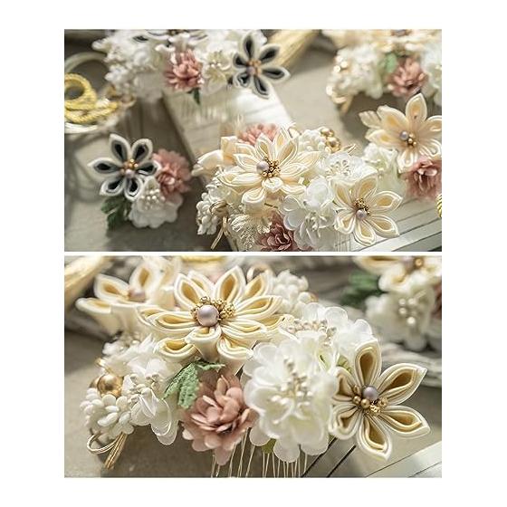 SOUBIEN Hair Accessory Set for Coming-of-Age Ceremony, Graduation, Kimono - Mizuhiki, Tsumami Zaiku, Cherry Blossoms, Chrysanthemums, Kumihimo,