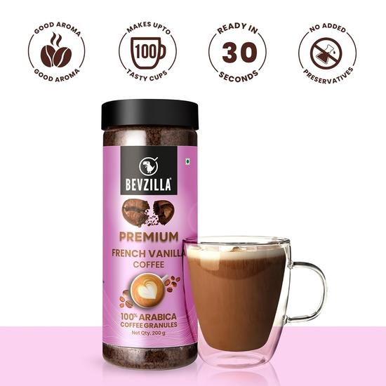 Bevzilla 200 Gram Vanilla Flavoured Instant Coffee Powder Jar|Make 100 Cups|Arabica Coffee|Hot & Cold Brew