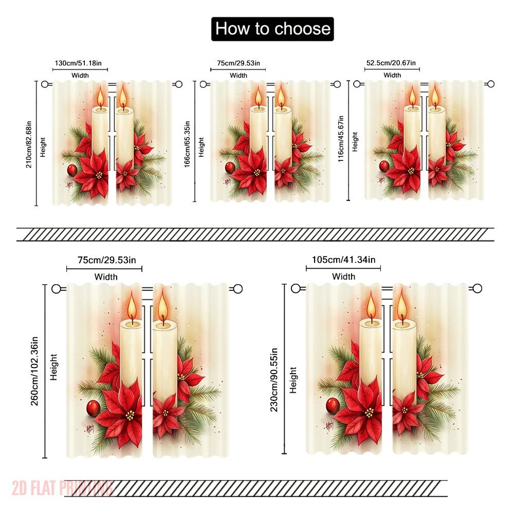 2pcs,2D Plane Printing Curtain Popular Christmas Candles Poinsettias Pinecones (2) 100% Polyester (without Rod) Home Decor Ldeal