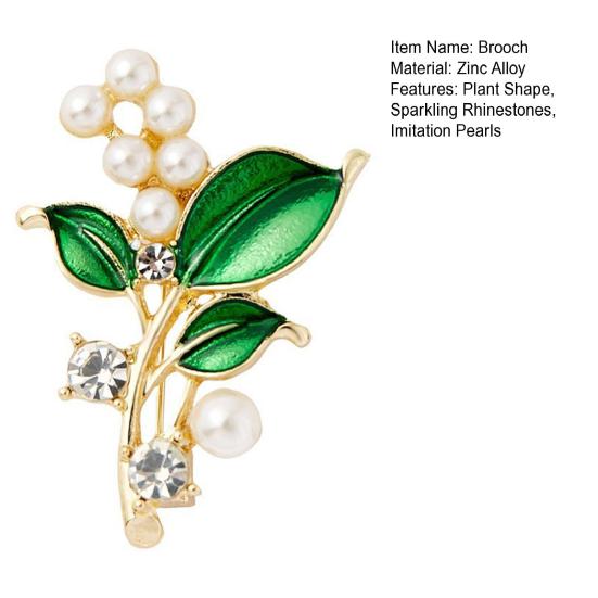 DYS Brooch Pin, Plant Shape Lapel Pin with Green Leaf Design, Imitation Pearl Rhinestone Combination Stable Buckle for Daily Commuting And Dress