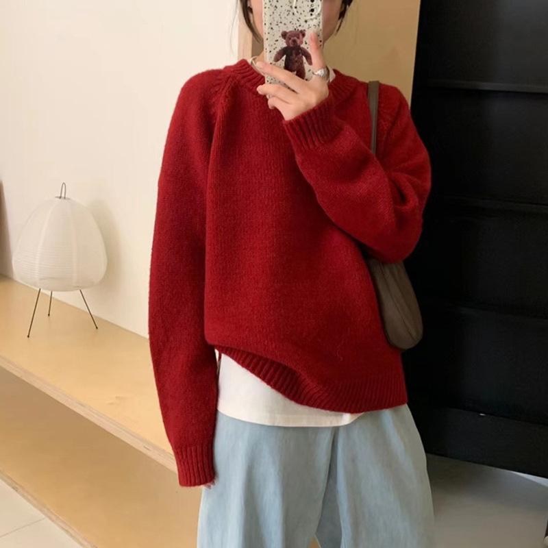 Versatile Sweater Women Thick Loose Autumn Winter Round Neck Minimalist Solid Korean Knit Top