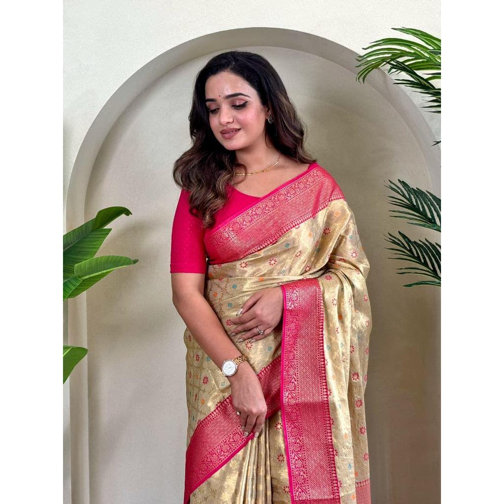Pure tissue silk saree with zari weaving and meena work with running blouse and elegant jaal on the body.  blouse : contrast as per video
