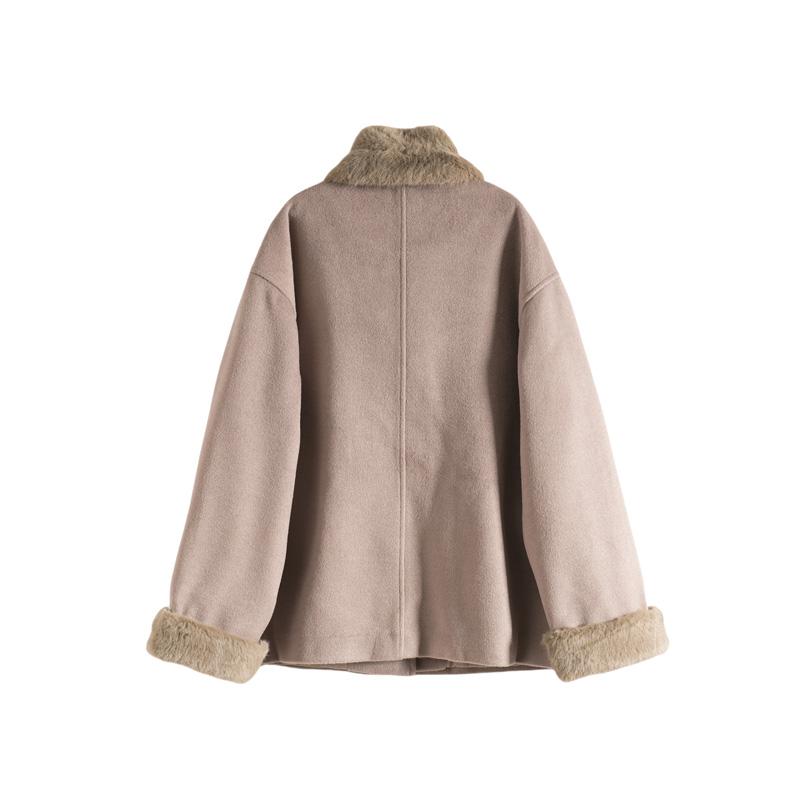 Maslan Autumn and Winter Fashion Faux Fur Scarf Ivory Button Woolen Coat
