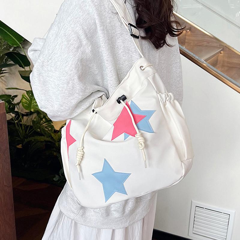 Women Star Nylon Shoulder Bag Drawstring Crossbody Bag Large Capacity Casual Satchel Student Travel Bag