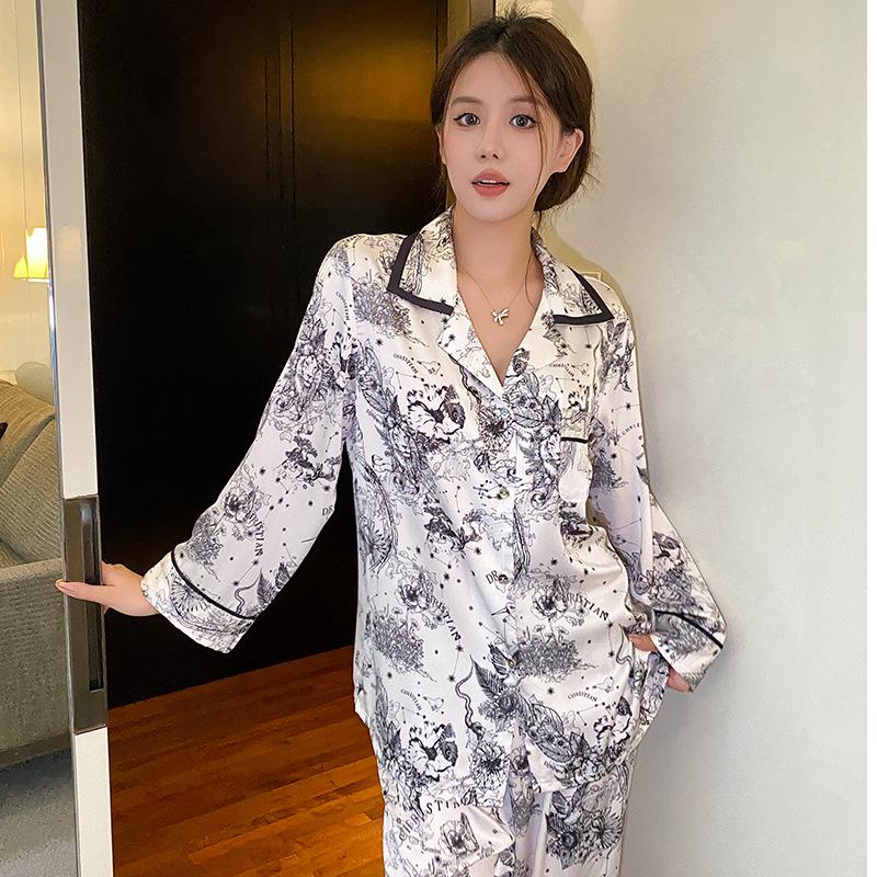 Spring Autumn Long Sleeve Trouser Pijamas Suit Women Loose Casuak Silk Satin Home Clothes 2PCS Pajamas Set Nightwear Lounge Wear