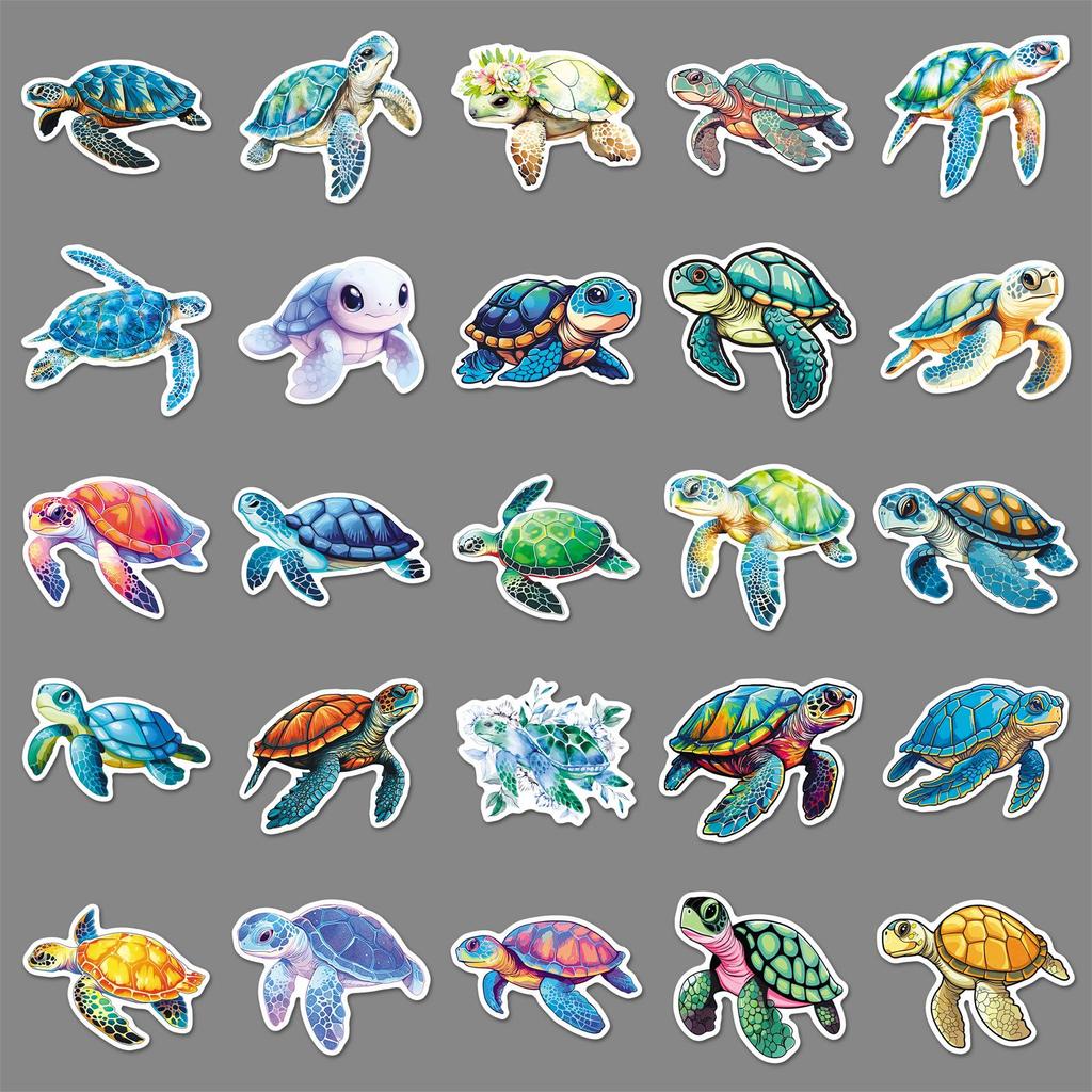 50 Sea Turtle Stickers: Cartoon Animals for Phone, Water Bottle, Guitar, Journal Decoration, Waterproof Color Art with Drip Glue
