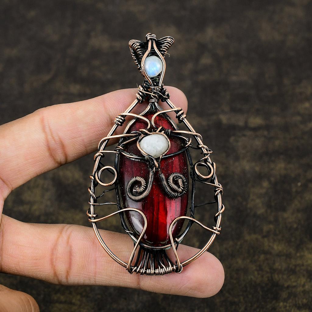 Natural Red Labradorite, Moonstone Gemstone Copper Wire Wrap Pendant 3.46" S1A15
