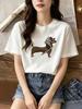Summer Clothing Women's Casual Dachshund Leopard Print Short Sleeve T-Shirt White Crew Neck Summer Tops and Comfortable