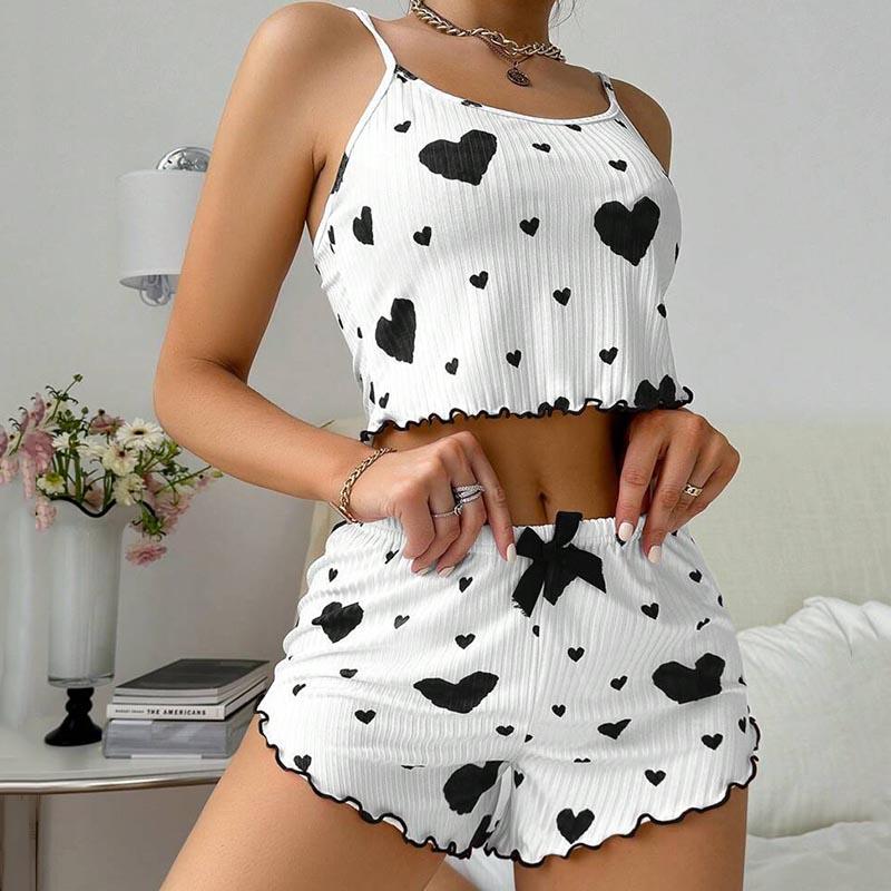 Women's Short Pajamas Set Sleepwear 2 PCS Short Tank Tops and Shorts S M L White Ventilate Soft Casual Love Printing